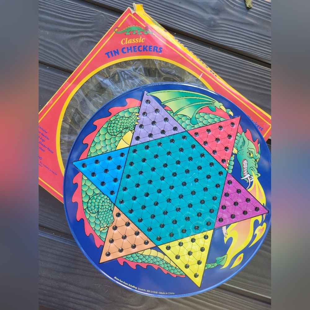 Vintage Tin Chinese Checkers Game with Dragon Design